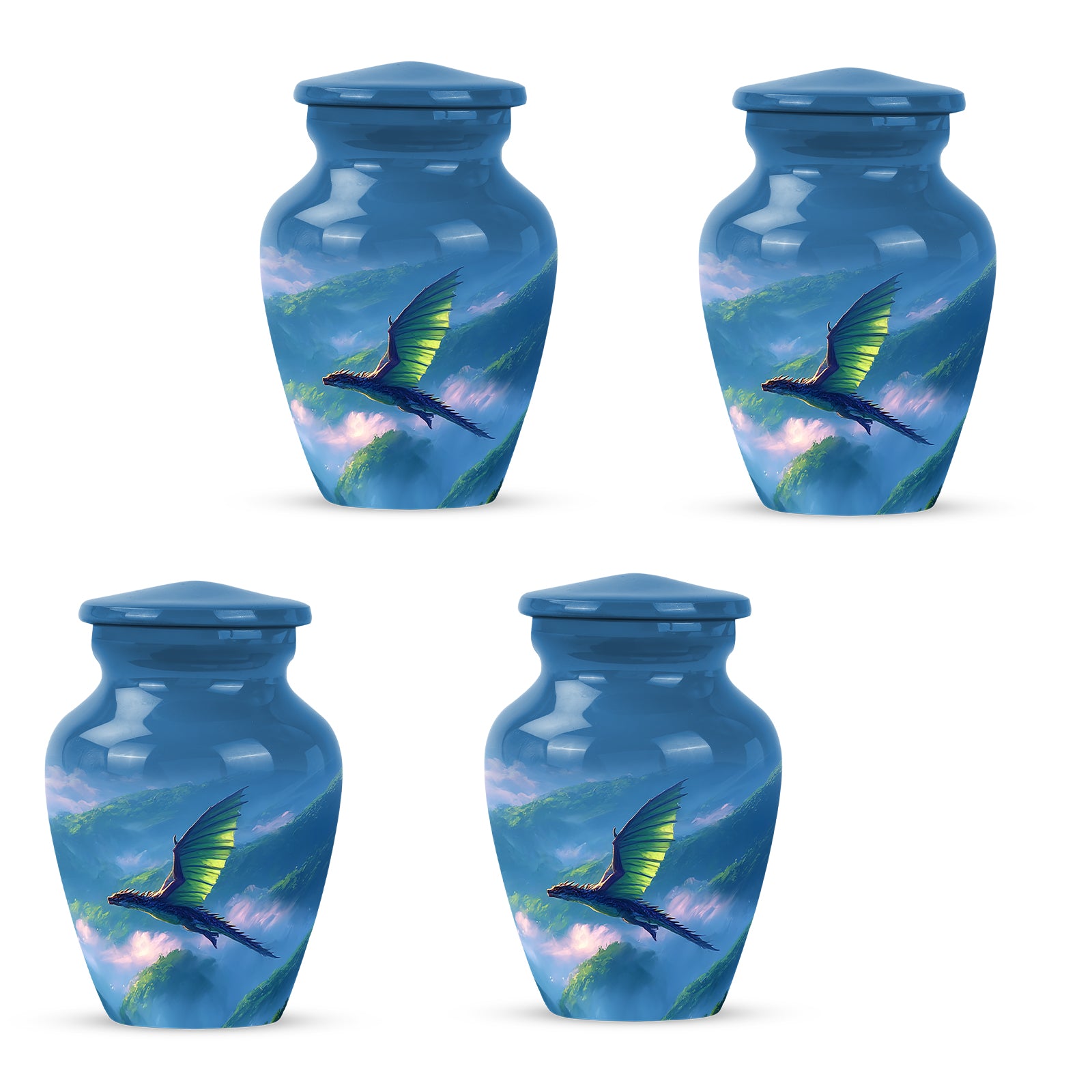 Misty Blue Dragon Cremation Urn side profile showing urn shape - classic sculpted dragon pattern on smooth aluminum - 10 inch aluminum urn for cremated remains