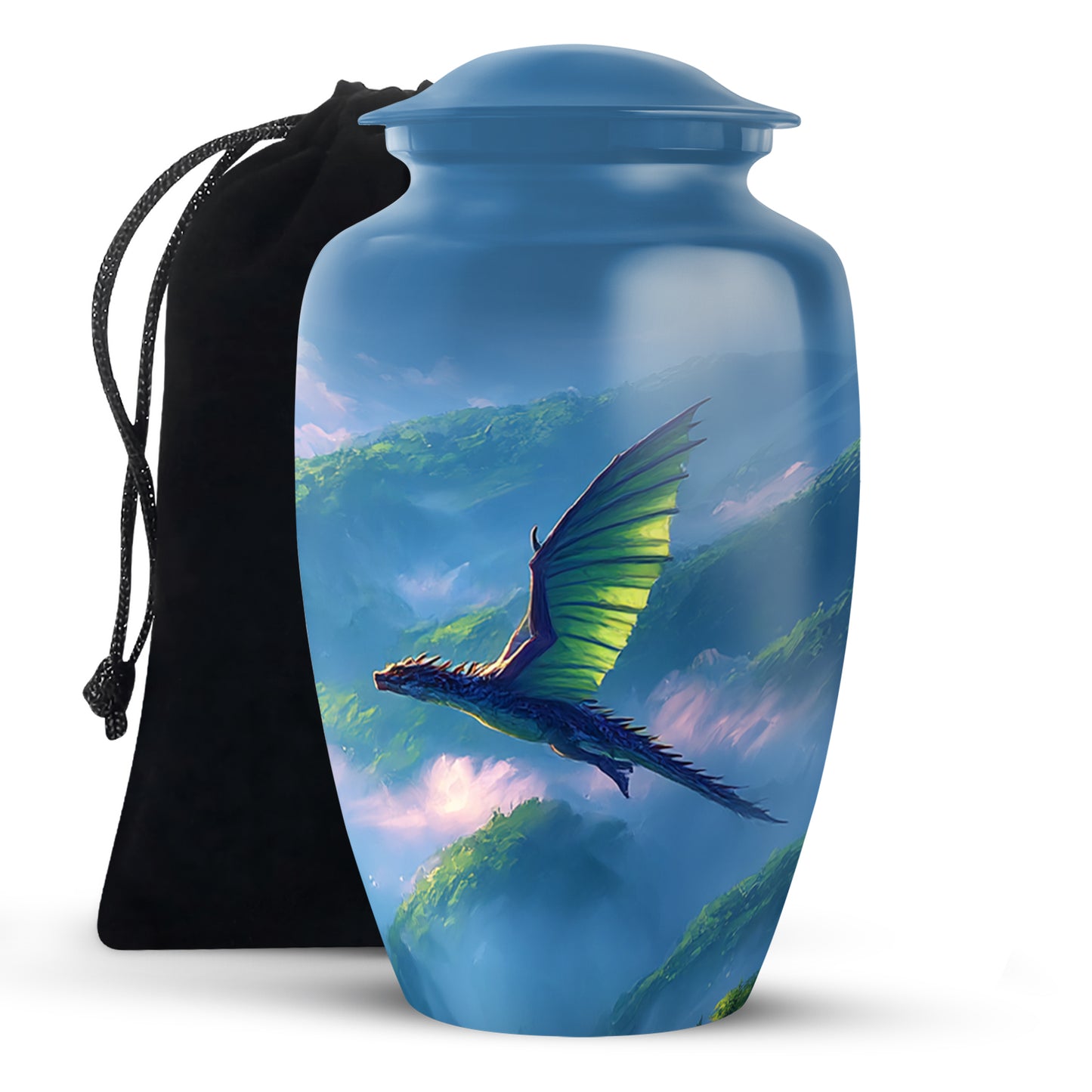 Bright Blue Dragon Cremation Urn angled view of lid and engraved motif - elegant classic dragon relief with fine detailing - full-size 10 inch 200 cubic inch adult cremation urn