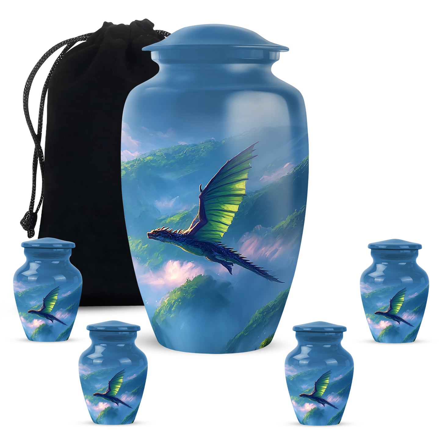 Powder Blue Dragon Cremation Urn top-down view of secure threaded lid - timeless dragon motif etched into premium metal - memorial set with one large and four small urns
