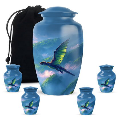 Powder Blue Dragon Cremation Urn top-down view of secure threaded lid - timeless dragon motif etched into premium metal - memorial set with one large and four small urns
