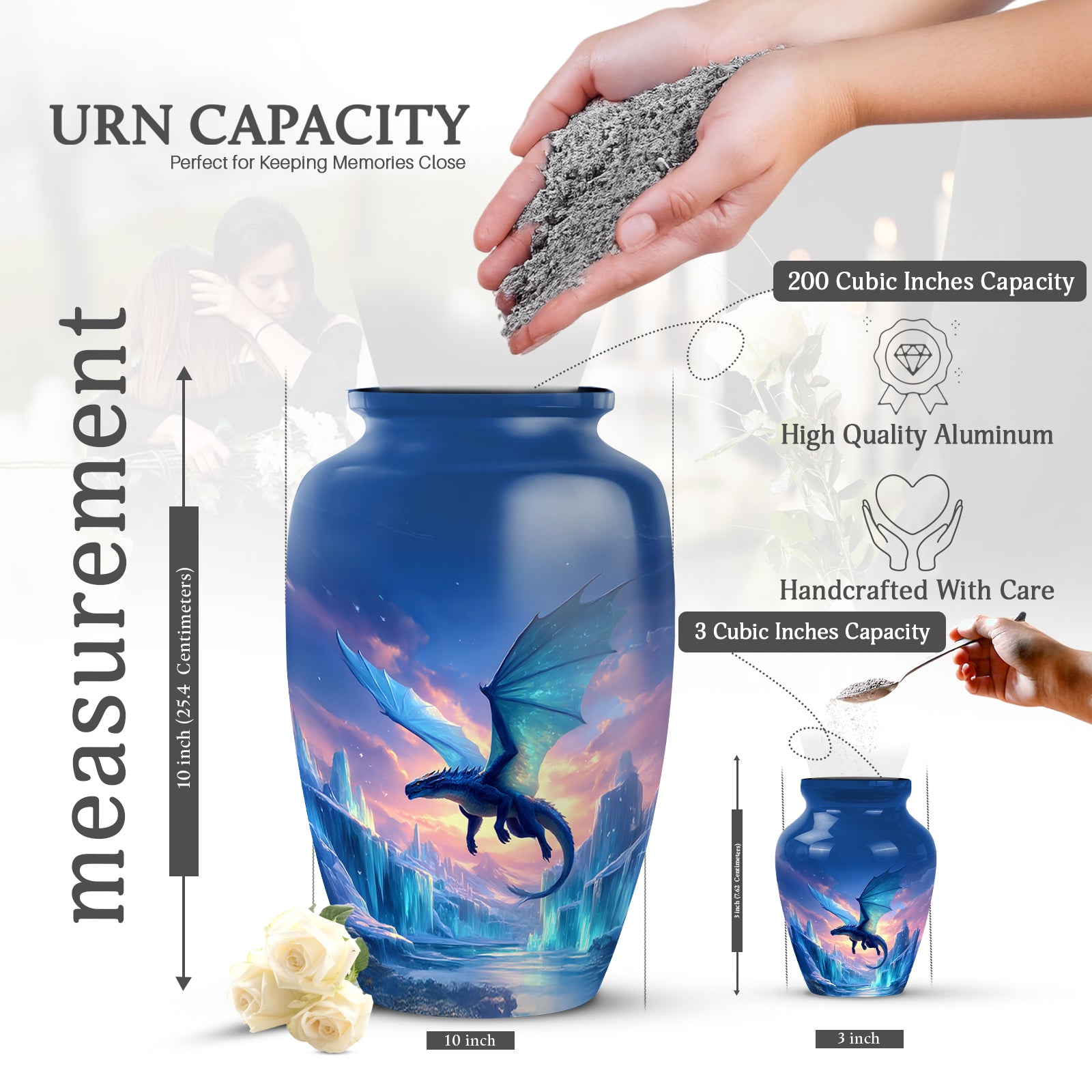 Steel Blue Dragon Cremation Urn close-up of engraving and surface detail - elegant classic dragon relief with fine detailing - mini keepsake memorial for portion of cremation ashes