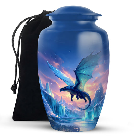 Bright Blue Dragon Cremation Urn angled view of lid and engraved motif - elegant classic dragon relief with fine detailing - full-size 10 inch 200 cubic inch adult cremation urn