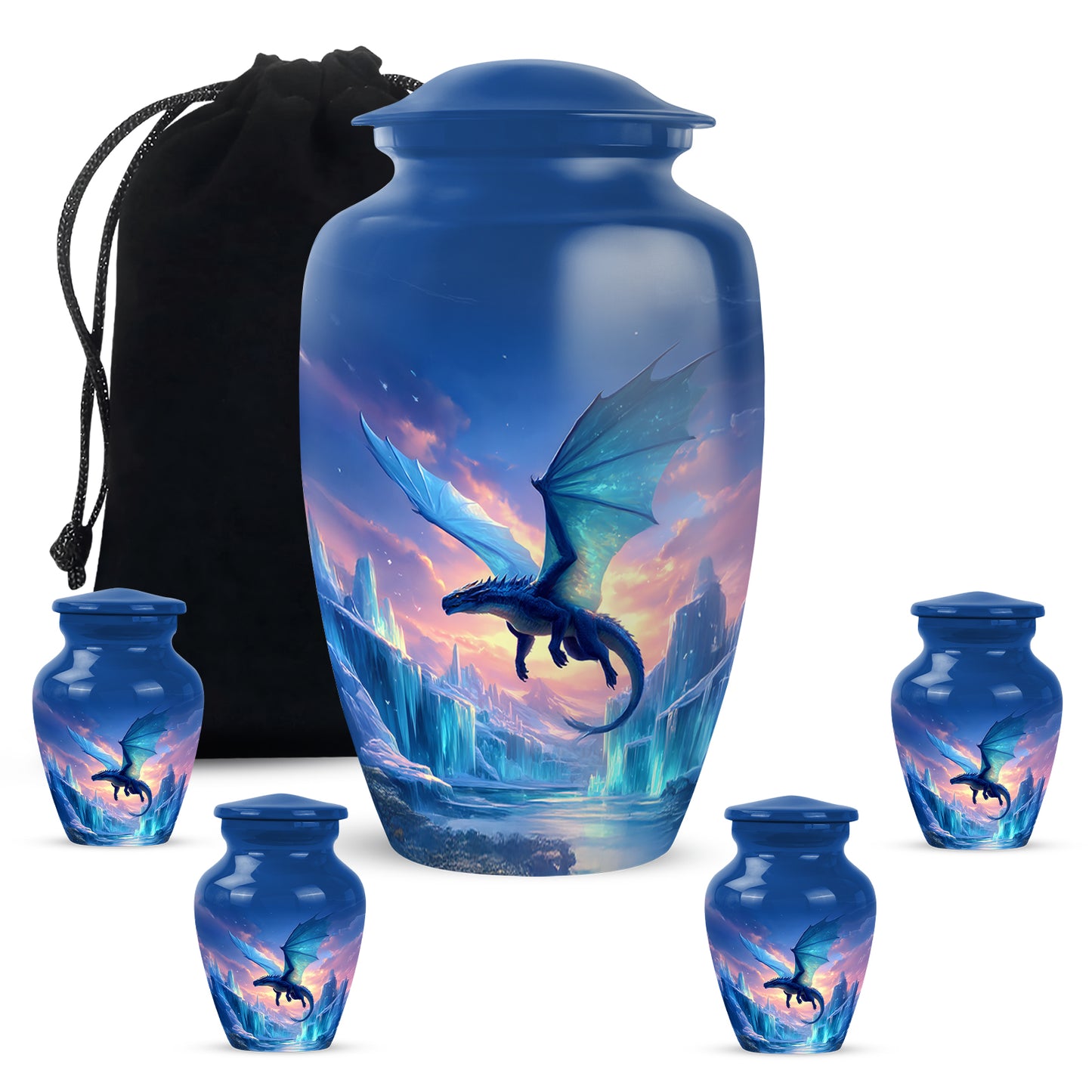 Steel Blue Dragon Cremation Urn top-down view of secure threaded lid - elegant classic dragon relief with fine detailing - memorial set with one large and four small urns