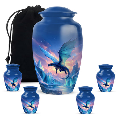 Steel Blue Dragon Cremation Urn top-down view of secure threaded lid - elegant classic dragon relief with fine detailing - memorial set with one large and four small urns