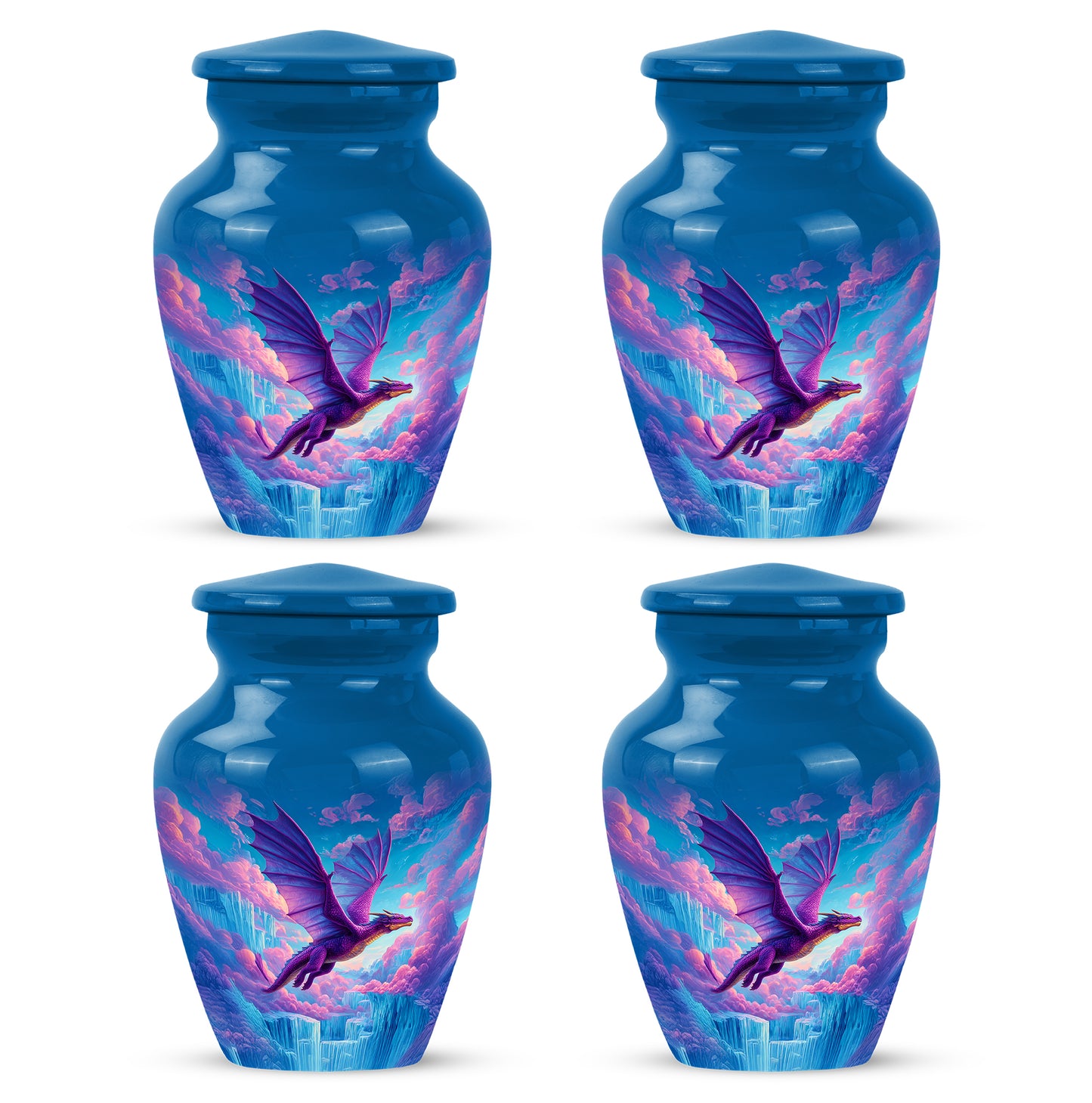 Cornflower Blue Dragon Cremation Urn side profile showing urn shape - traditional dragon engraving with hand-polished finish - 10 inch aluminum urn for cremated remains