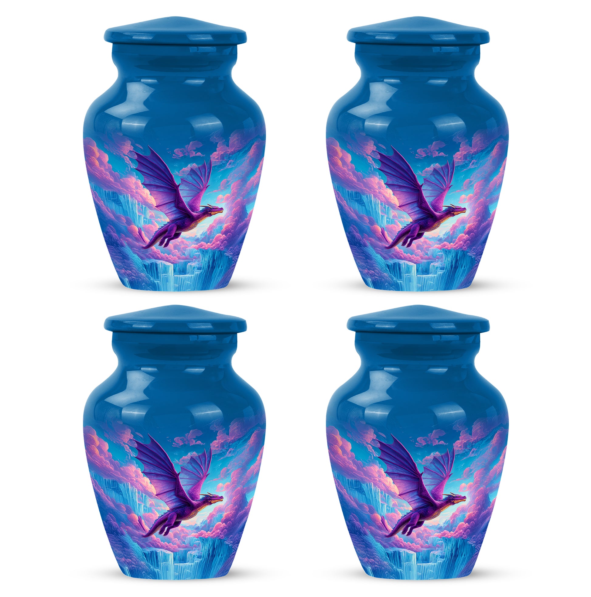Cornflower Blue Dragon Cremation Urn side profile showing urn shape - traditional dragon engraving with hand-polished finish - 10 inch aluminum urn for cremated remains