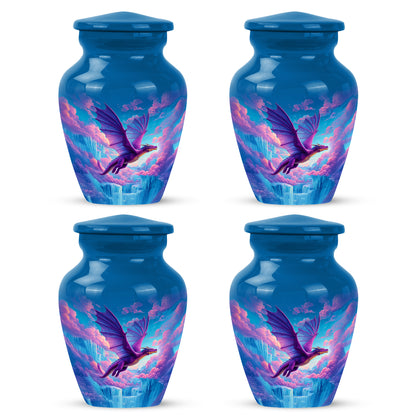 Cornflower Blue Dragon Cremation Urn side profile showing urn shape - traditional dragon engraving with hand-polished finish - 10 inch aluminum urn for cremated remains