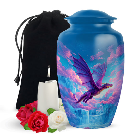 Powder Blue Dragon Cremation Urn angled view of lid and engraved motif - classic sculpted dragon pattern on smooth aluminum - full-size 10 inch 200 cubic inch adult cremation urn