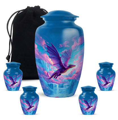 Cobalt Blue Dragon Cremation Urn top-down view of secure threaded lid - elegant classic dragon relief with fine detailing - memorial set with one large and four small urns