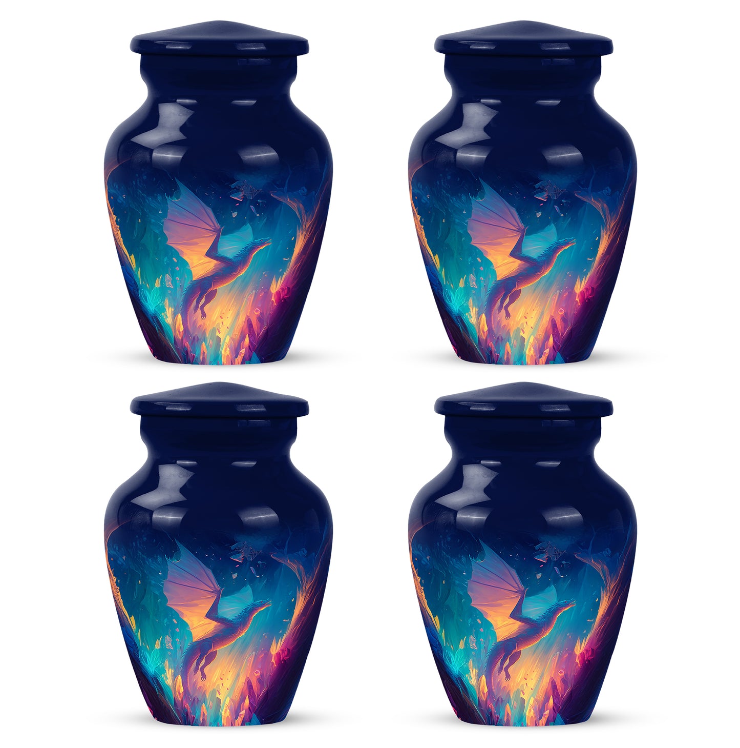Serene Blue Dragon Cremation Urn side profile showing urn shape - traditional dragon engraving with hand-polished finish - 10 inch aluminum urn for cremated remains