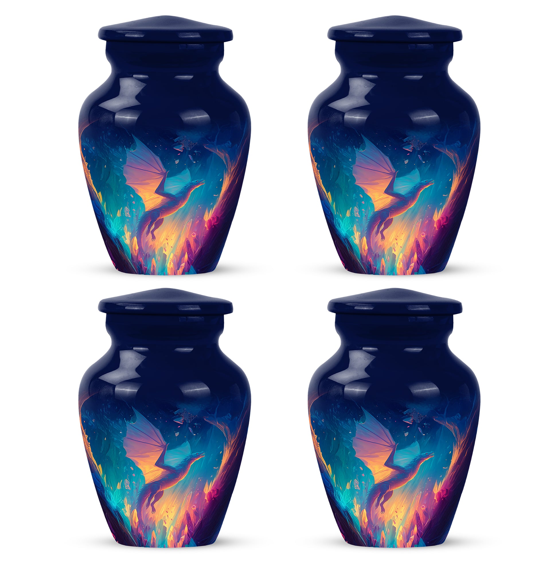 Serene Blue Dragon Cremation Urn side profile showing urn shape - traditional dragon engraving with hand-polished finish - 10 inch aluminum urn for cremated remains
