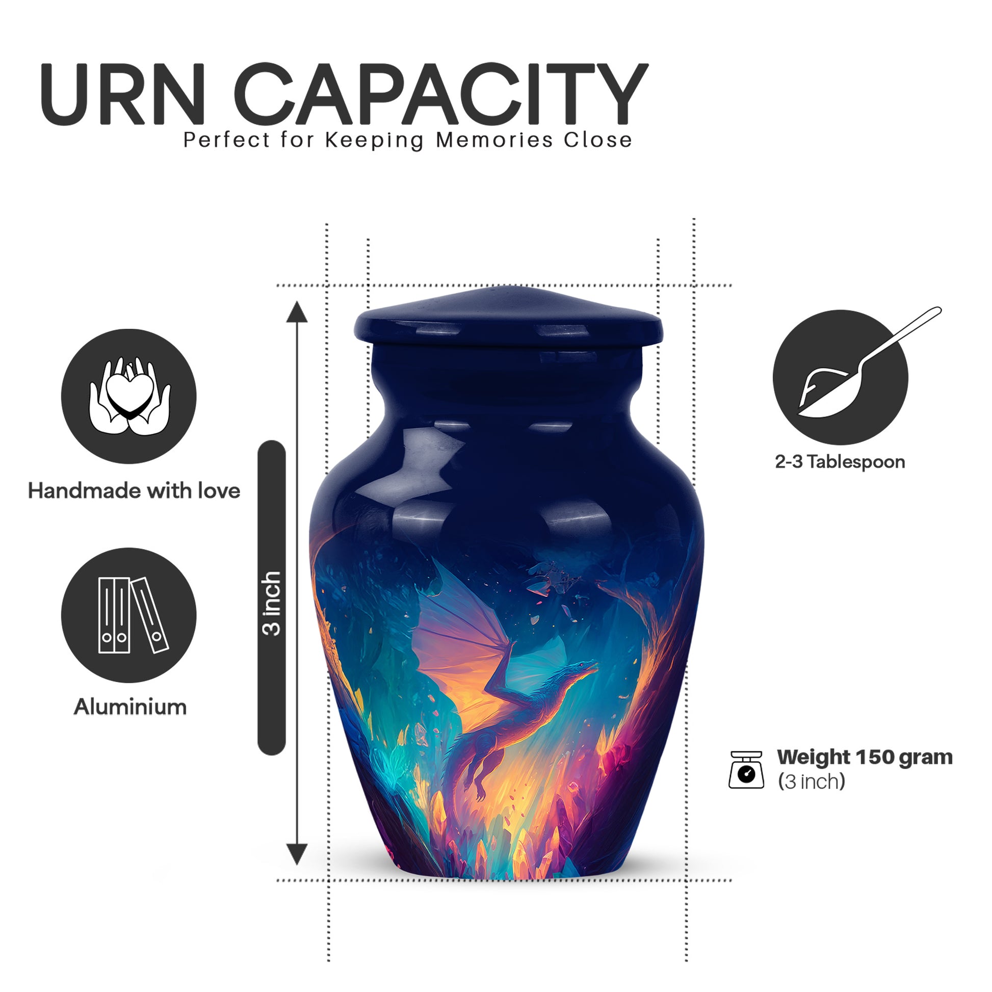 Indigo Dragon Cremation Urn close-up of engraving and surface detail - timeless dragon motif etched into premium metal - mini keepsake memorial for portion of cremation ashes