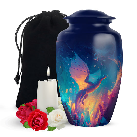 Dusty Blue Dragon Cremation Urn angled view of lid and engraved motif - classic sculpted dragon pattern on smooth aluminum - full-size 10 inch 200 cubic inch adult cremation urn