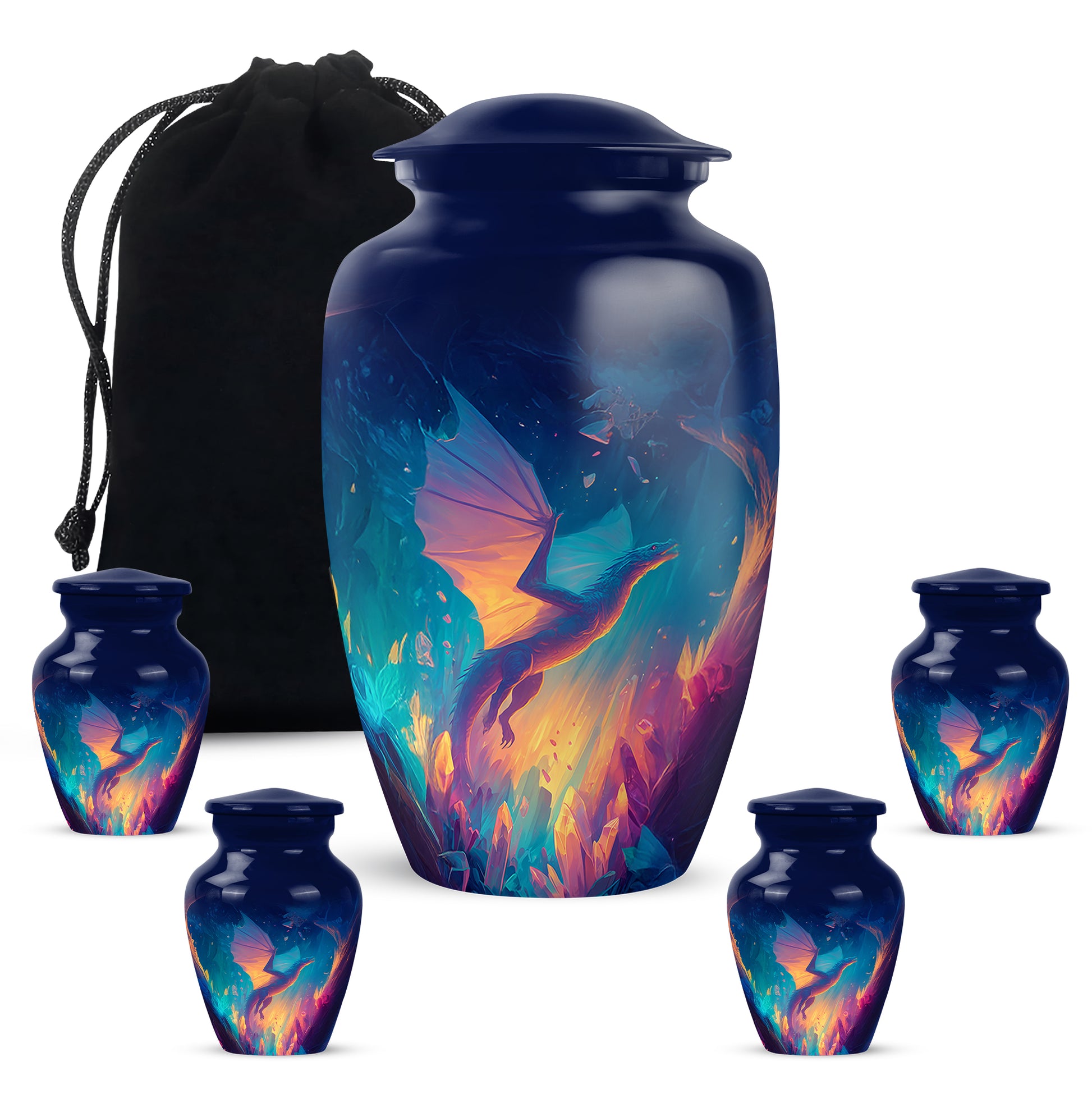 Steel Blue Dragon Cremation Urn top-down view of secure threaded lid - elegant classic dragon relief with fine detailing - memorial set with one large and four small urns