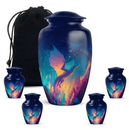 Steel Blue Dragon Cremation Urn top-down view of secure threaded lid - elegant classic dragon relief with fine detailing - memorial set with one large and four small urns