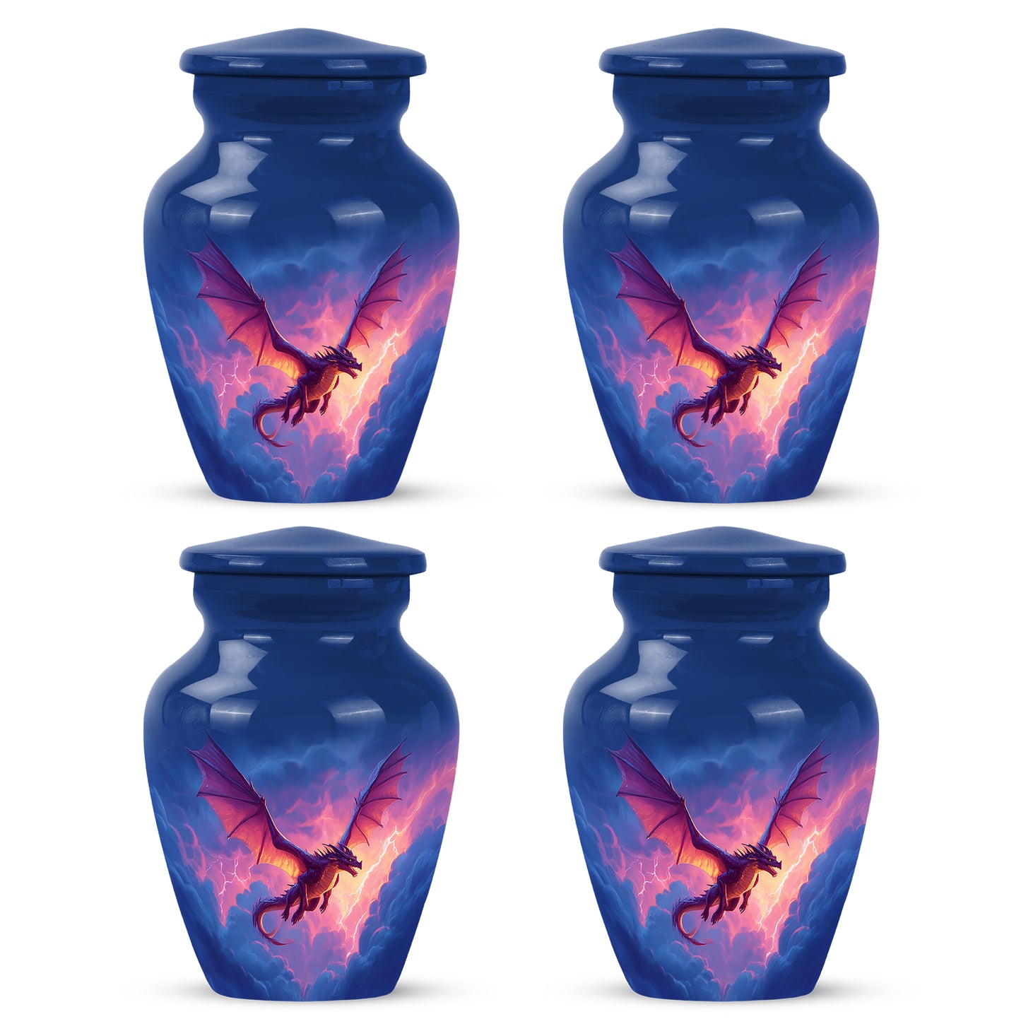 Serene Blue Dragon Cremation Urn side profile showing urn shape - traditional dragon engraving with hand-polished finish - 10 inch aluminum urn for cremated remains