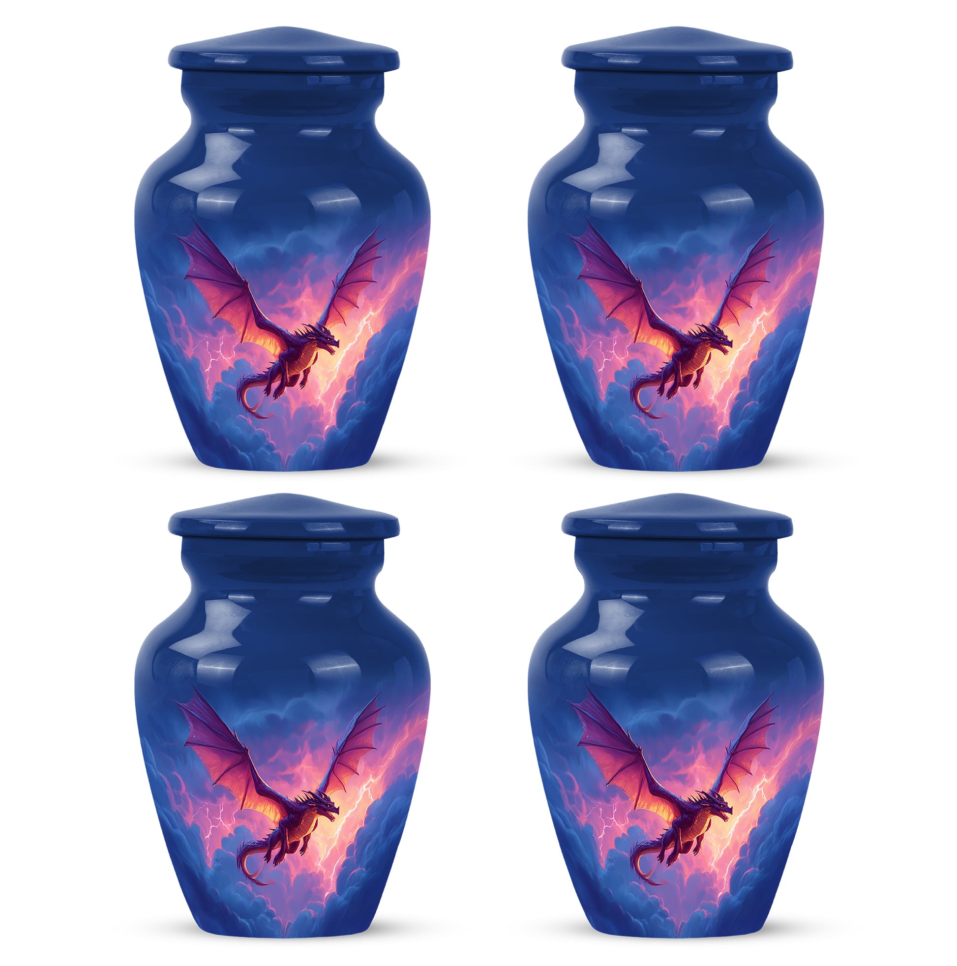 Serene Blue Dragon Cremation Urn side profile showing urn shape - traditional dragon engraving with hand-polished finish - 10 inch aluminum urn for cremated remains