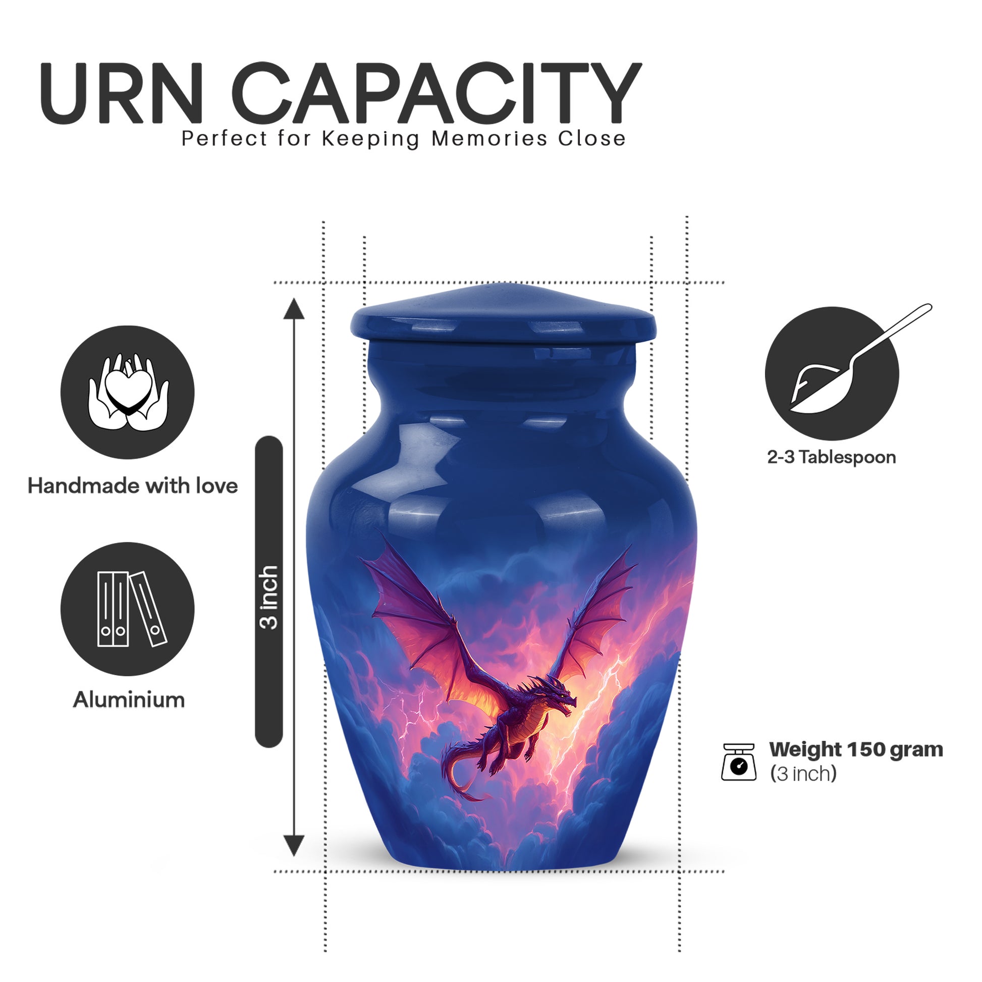 Royal Blue Dragon Cremation Urn close-up of engraving and surface detail - traditional dragon engraving with hand-polished finish - mini keepsake memorial for portion of cremation ashes