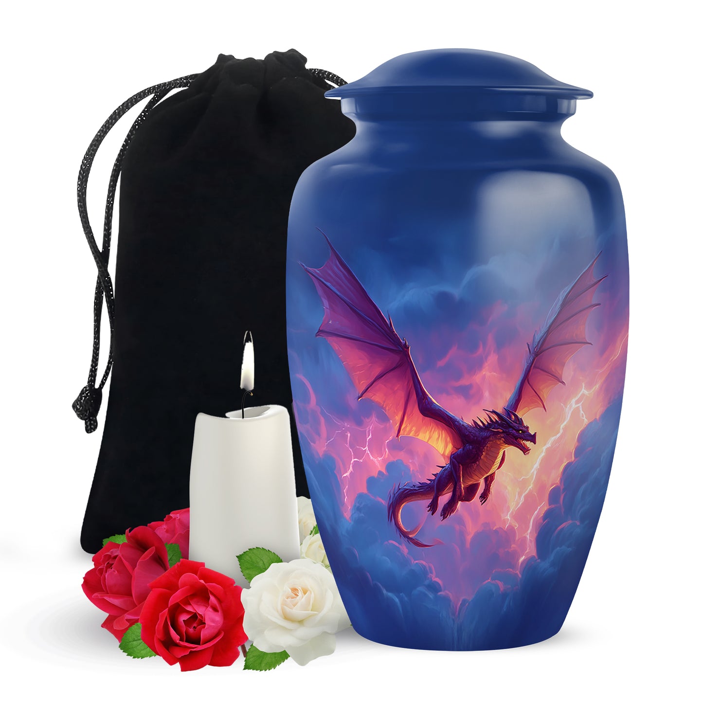 Sky Blue Dragon Cremation Urn angled view of lid and engraved motif - classic sculpted dragon pattern on smooth aluminum - full-size 10 inch 200 cubic inch adult cremation urn