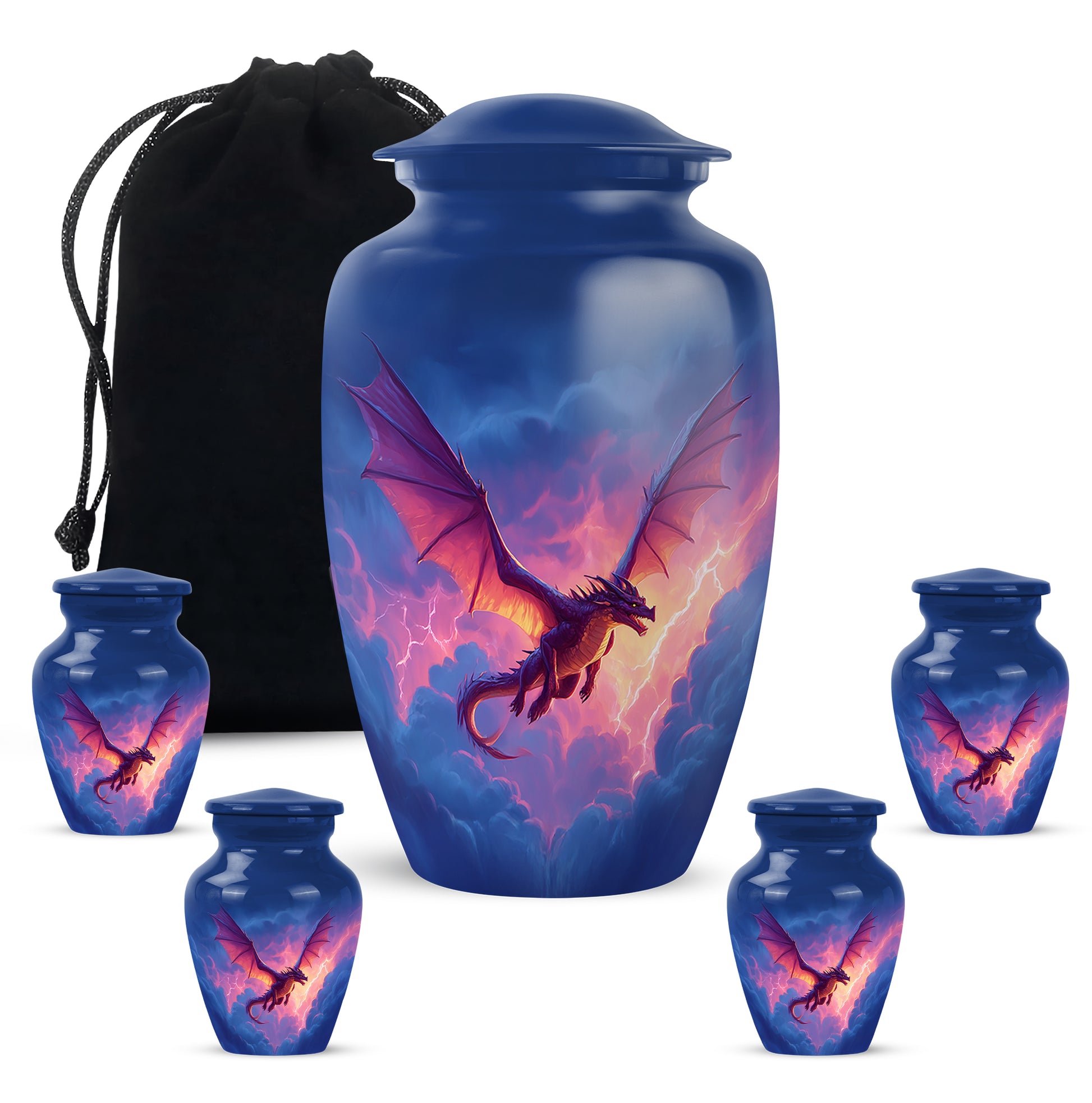 Twilight Blue Dragon Cremation Urn top-down view of secure threaded lid - elegant classic dragon relief with fine detailing - memorial set with one large and four small urns