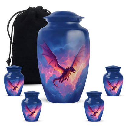 Twilight Blue Dragon Cremation Urn top-down view of secure threaded lid - elegant classic dragon relief with fine detailing - memorial set with one large and four small urns