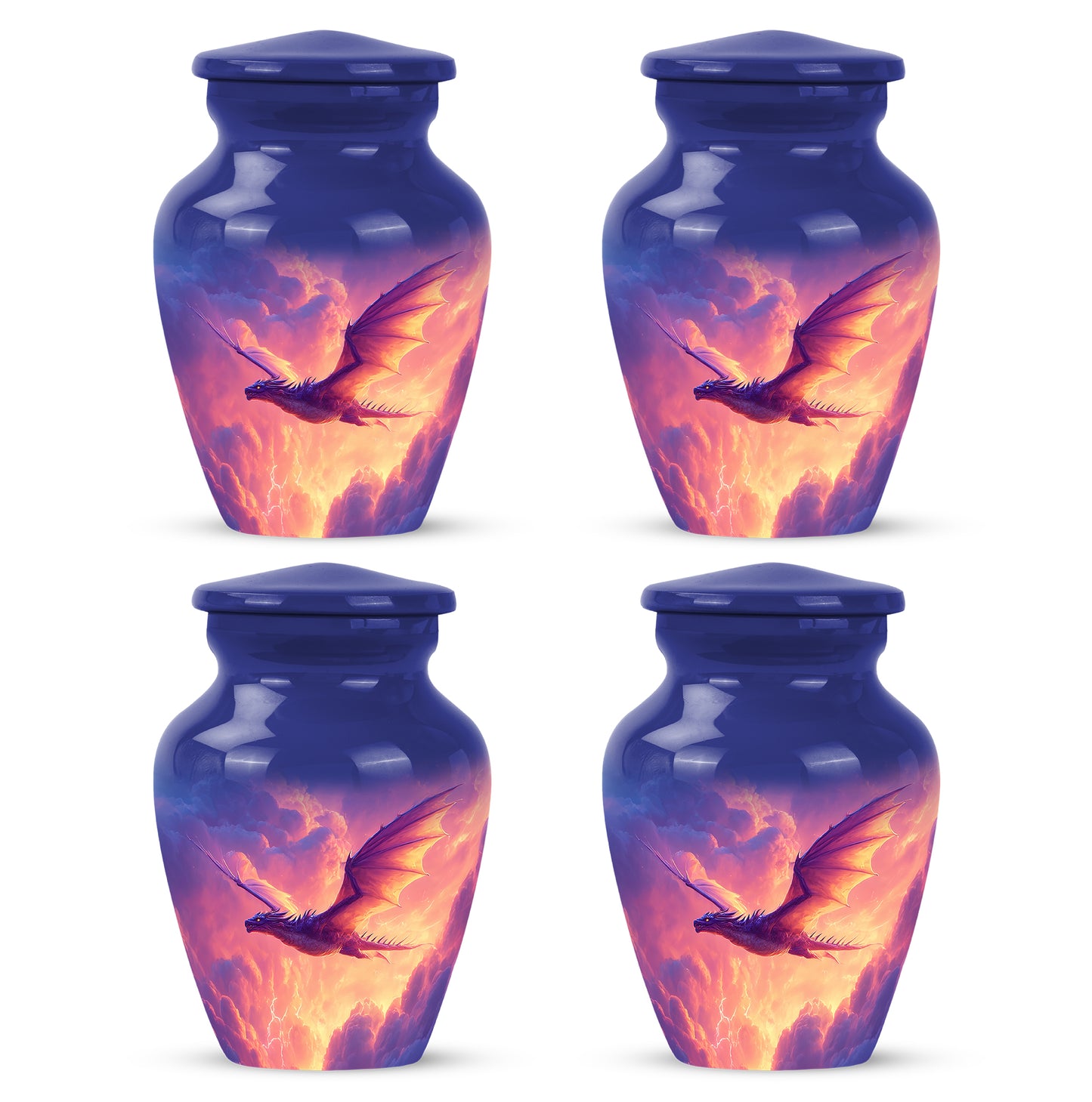 Twilight Blue Dragon Cremation Urn side profile showing urn shape - traditional dragon engraving with hand-polished finish - 10 inch aluminum urn for cremated remains