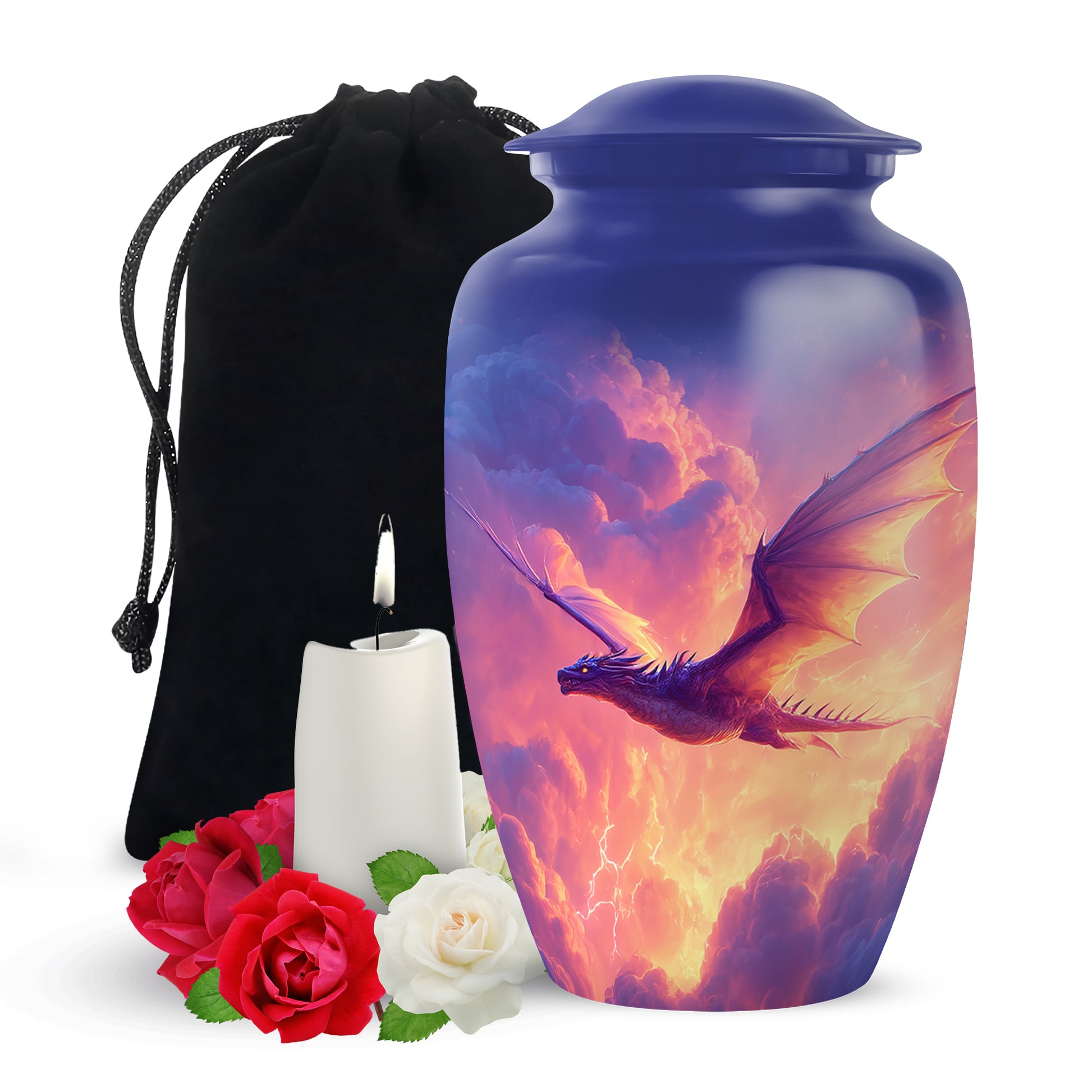 Calming Blue Dragon Cremation Urn angled view of lid and engraved motif - traditional dragon engraving with hand-polished finish - full-size 10 inch 200 cubic inch adult cremation urn
