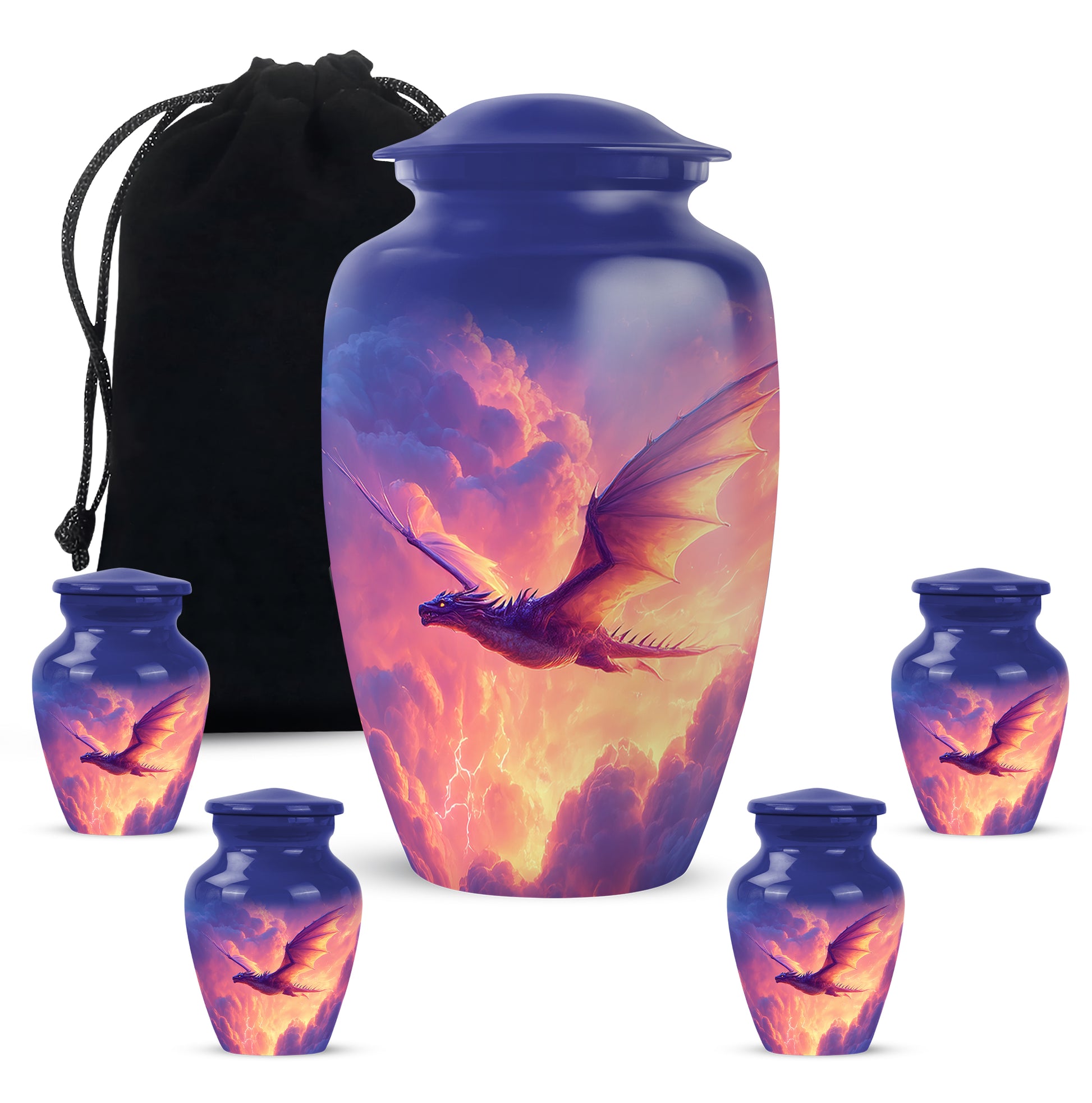 Indigo Dragon Cremation Urn top-down view of secure threaded lid - timeless dragon motif etched into premium metal - memorial set with one large and four small urns
