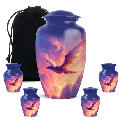 Indigo Dragon Cremation Urn top-down view of secure threaded lid - timeless dragon motif etched into premium metal - memorial set with one large and four small urns