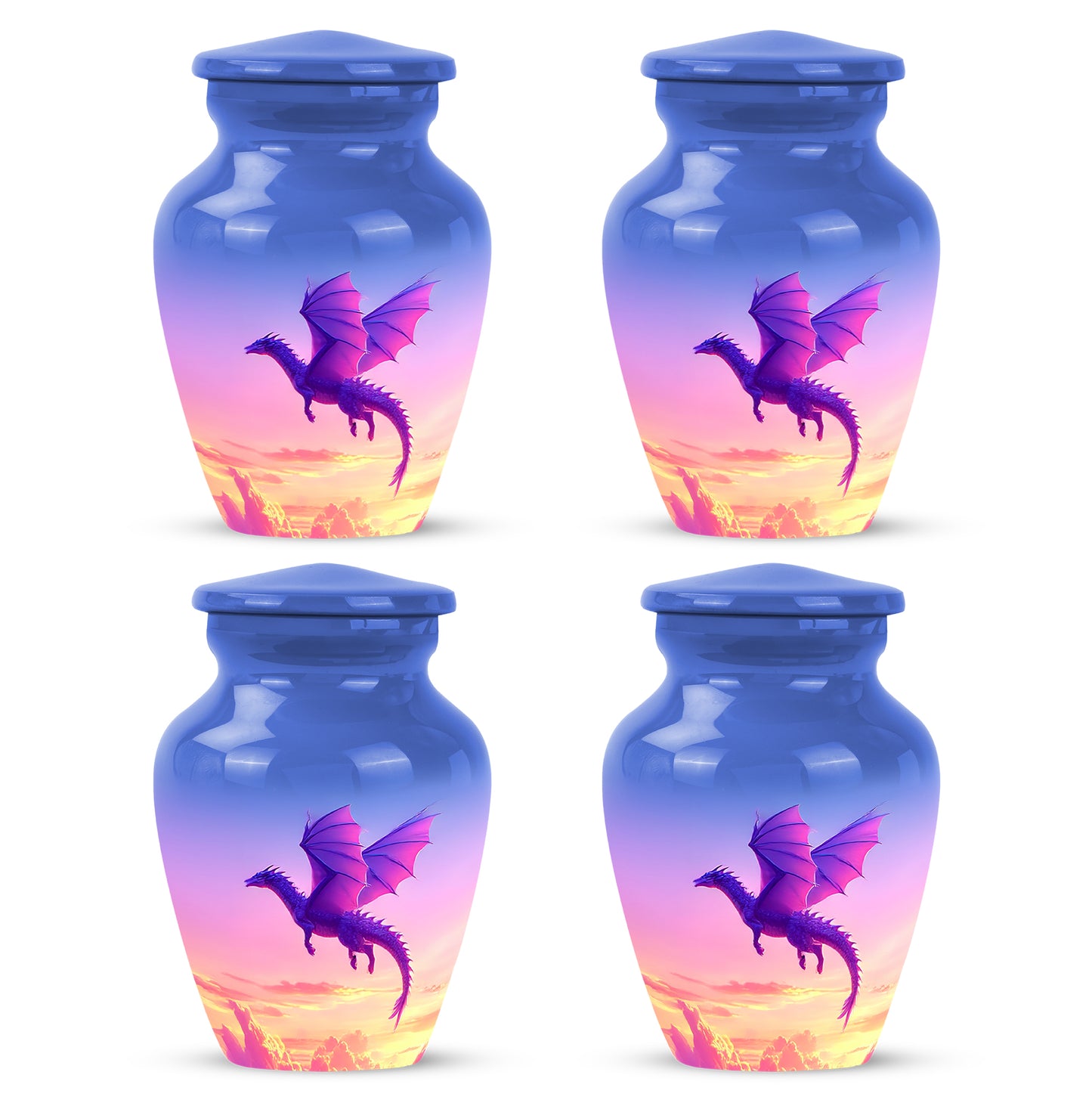 Serene Blue Dragon Cremation Urn side profile showing urn shape - elegant classic dragon relief with fine detailing - 10 inch aluminum urn for cremated remains