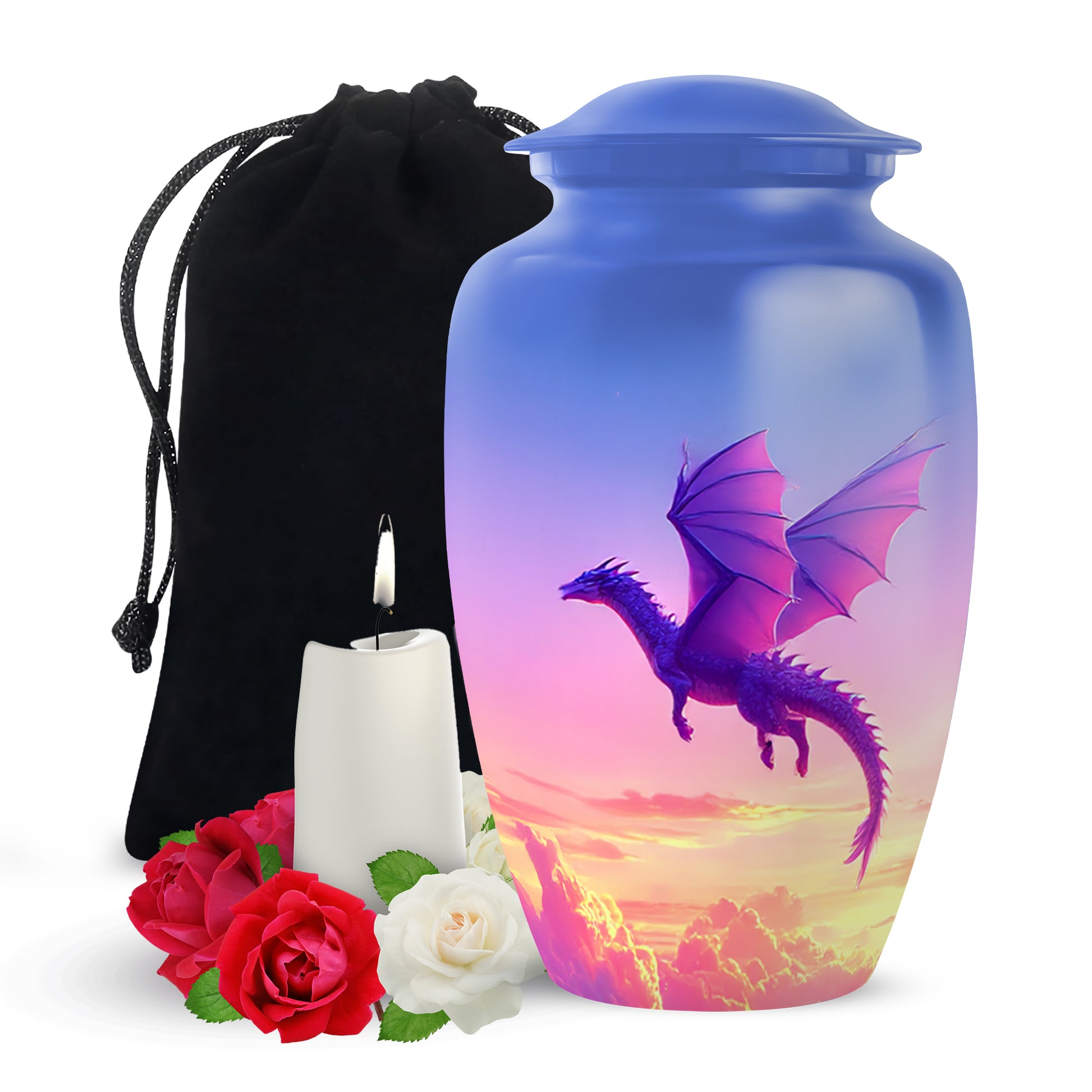 Vivid Blue Dragon Cremation Urn angled view of lid and engraved motif - traditional dragon engraving with hand-polished finish - full-size 10 inch 200 cubic inch adult cremation urn