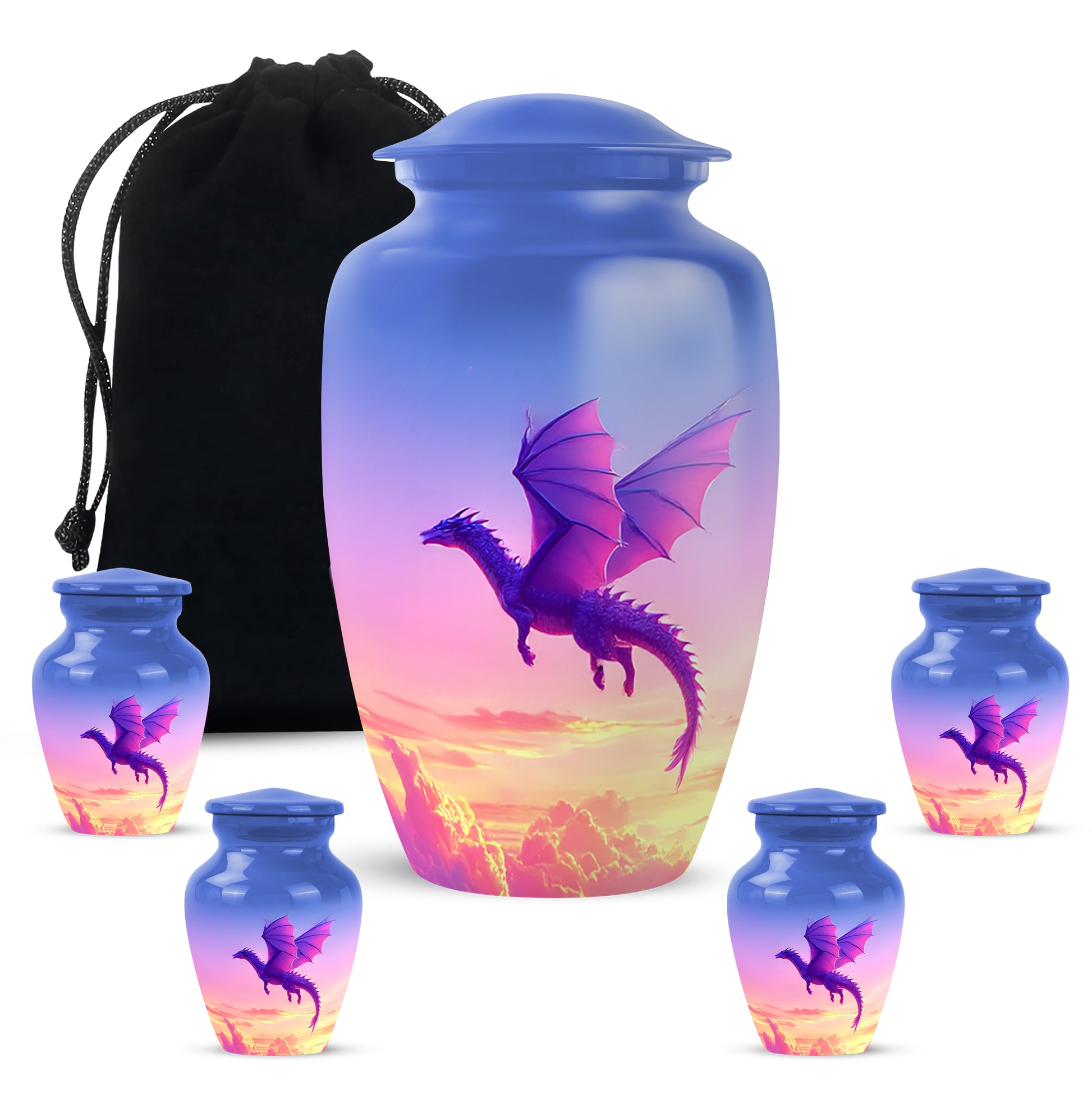 Misty Blue Dragon Cremation Urn top-down view of secure threaded lid - classic sculpted dragon pattern on smooth aluminum - memorial set with one large and four small urns