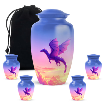 Misty Blue Dragon Cremation Urn top-down view of secure threaded lid - classic sculpted dragon pattern on smooth aluminum - memorial set with one large and four small urns