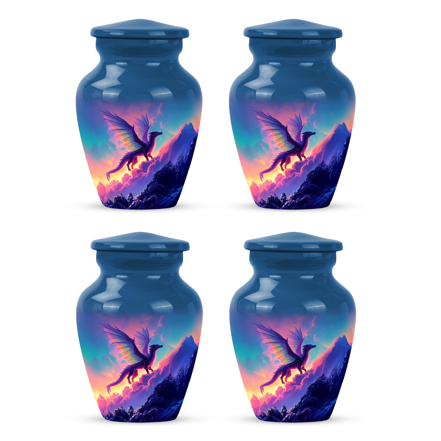 Celestial Blue Dragon Cremation Urn side profile showing urn shape - timeless dragon motif etched into premium metal - 10 inch aluminum urn for cremated remains