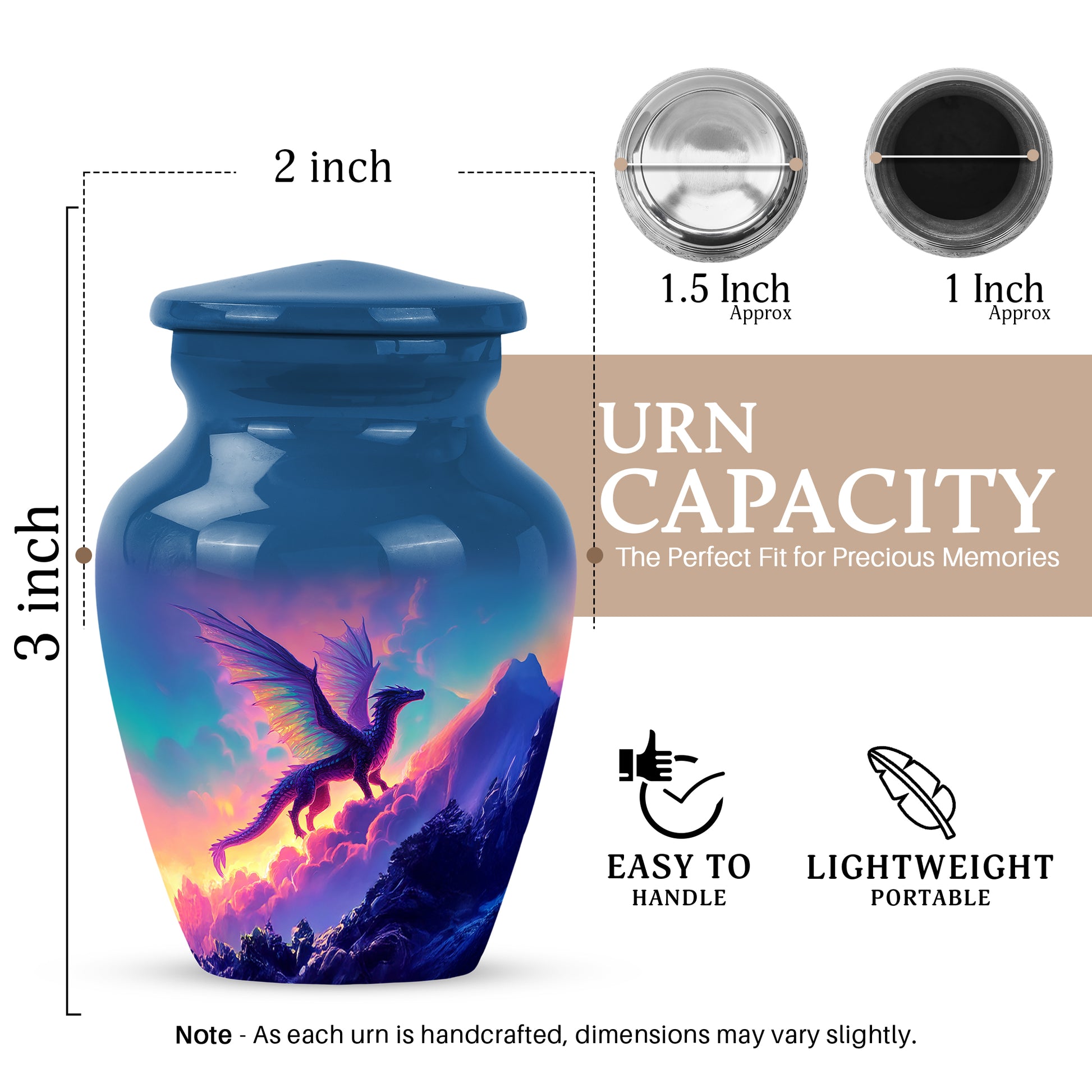 Steel Blue Dragon Cremation Urn close-up of engraving and surface detail - traditional dragon engraving with hand-polished finish - mini keepsake memorial for portion of cremation ashes