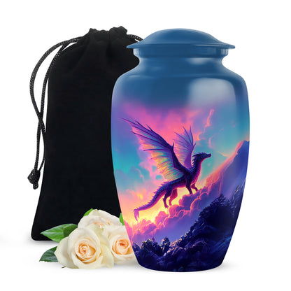 Indigo Dragon Cremation Urn angled view of lid and engraved motif - classic sculpted dragon pattern on smooth aluminum - full-size 10 inch 200 cubic inch adult cremation urn