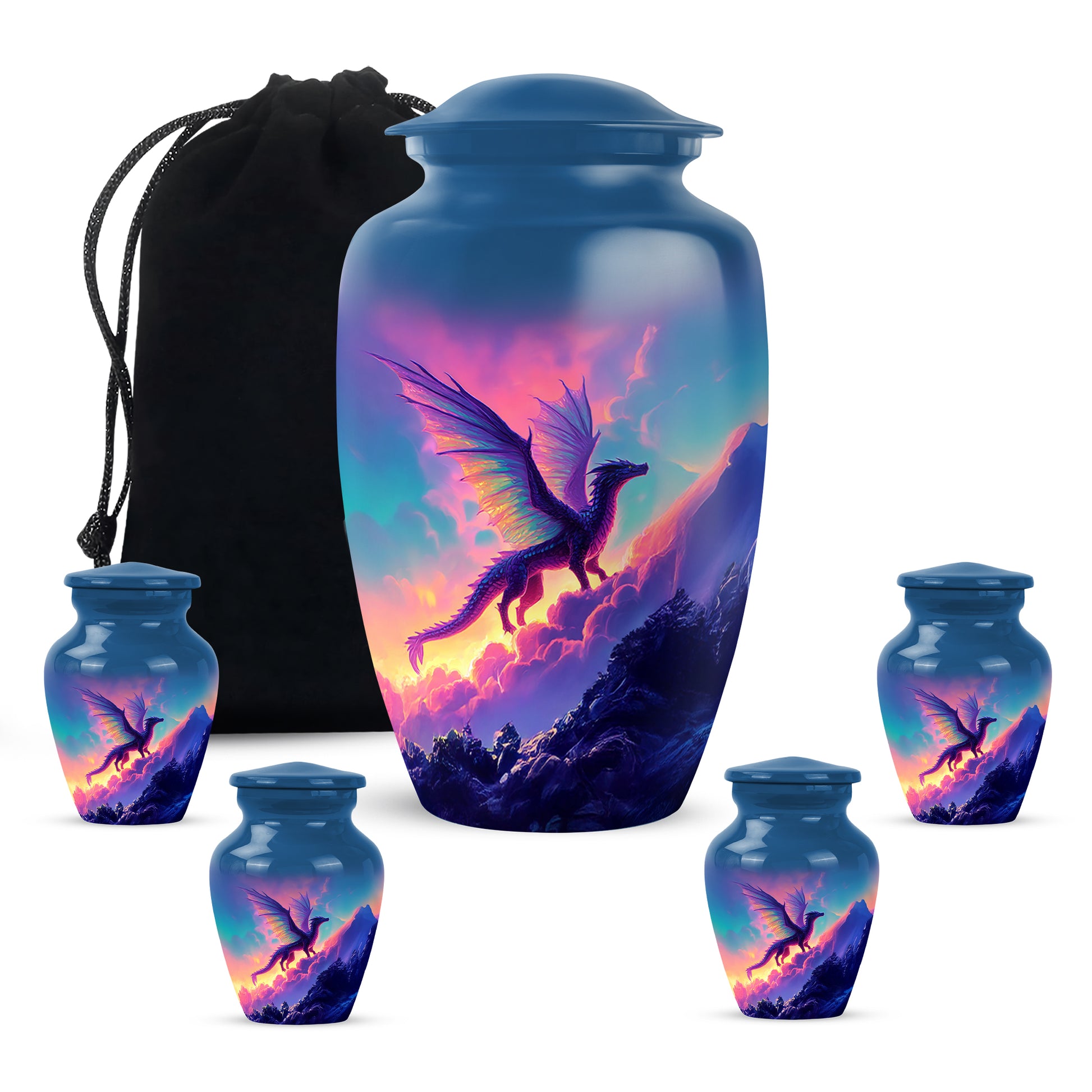 Sky Blue Dragon Cremation Urn top-down view of secure threaded lid - classic sculpted dragon pattern on smooth aluminum - memorial set with one large and four small urns