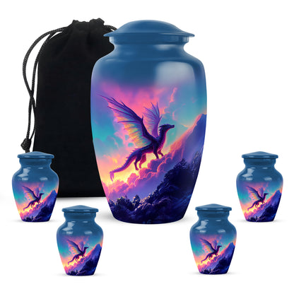 Sky Blue Dragon Cremation Urn top-down view of secure threaded lid - classic sculpted dragon pattern on smooth aluminum - memorial set with one large and four small urns