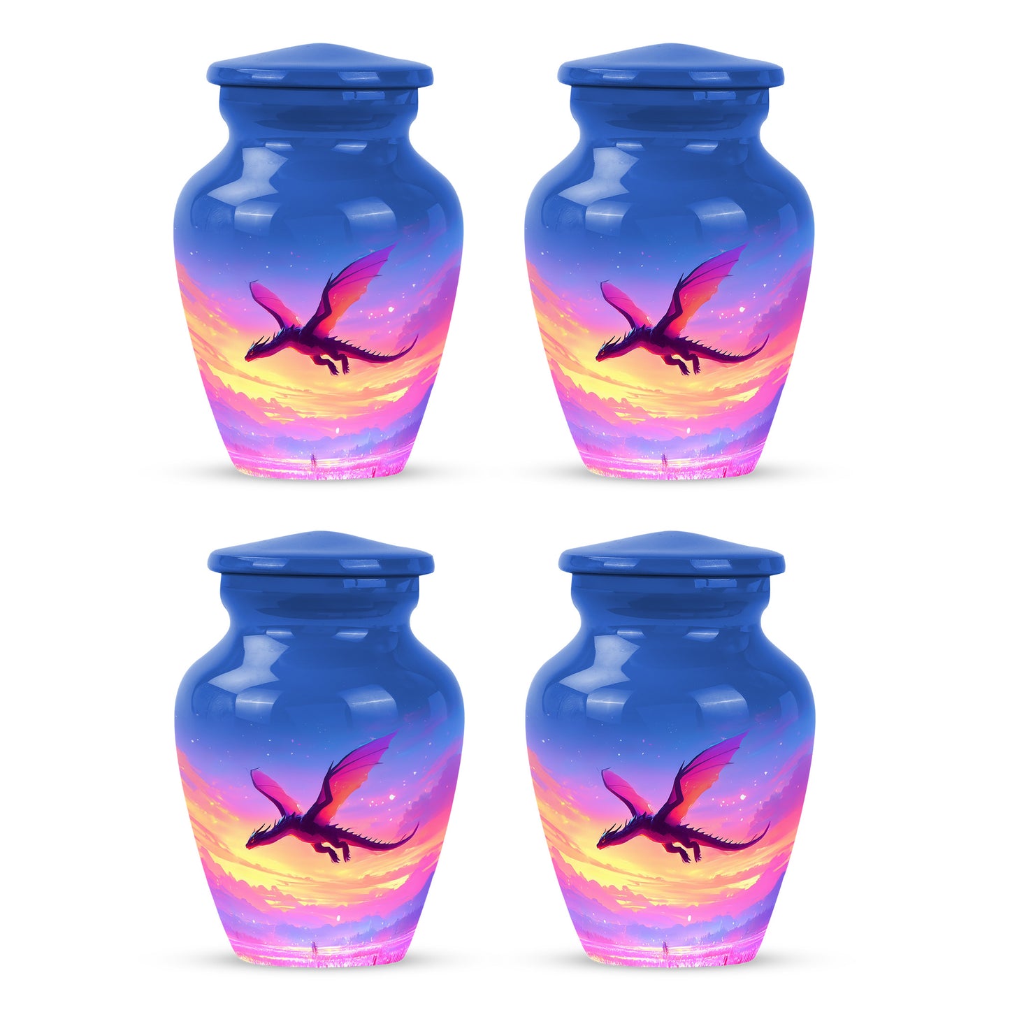 Powder Blue Dragon Cremation Urn side profile showing urn shape - classic sculpted dragon pattern on smooth aluminum - 10 inch aluminum urn for cremated remains