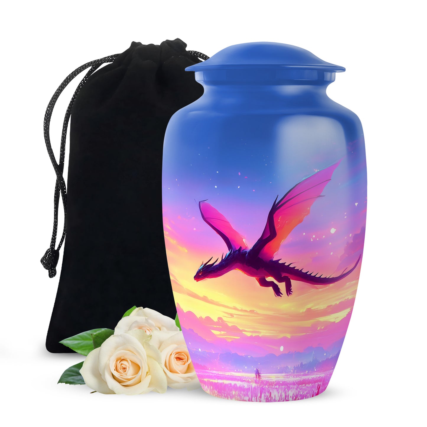 Vivid Blue Dragon Cremation Urn angled view of lid and engraved motif - traditional dragon engraving with hand-polished finish - full-size 10 inch 200 cubic inch adult cremation urn