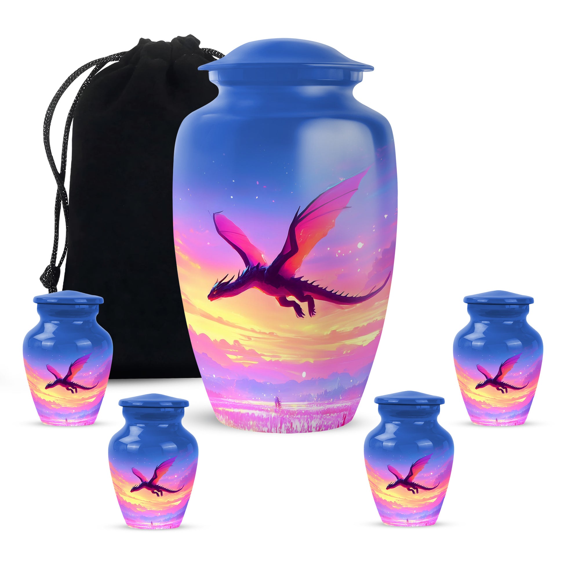 Bright Blue Dragon Cremation Urn top-down view of secure threaded lid - elegant classic dragon relief with fine detailing - memorial set with one large and four small urns
