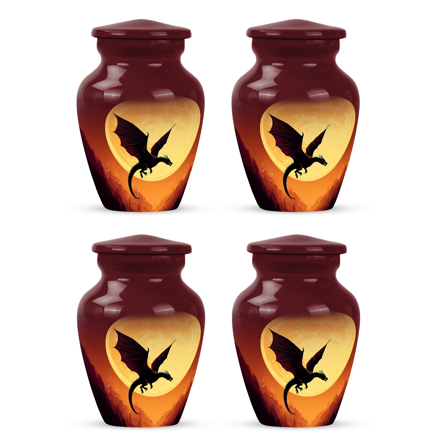 Rich Red Dragon Cremation Urn side profile showing urn shape - traditional dragon engraving with hand-polished finish - 10 inch aluminum urn for cremated remains