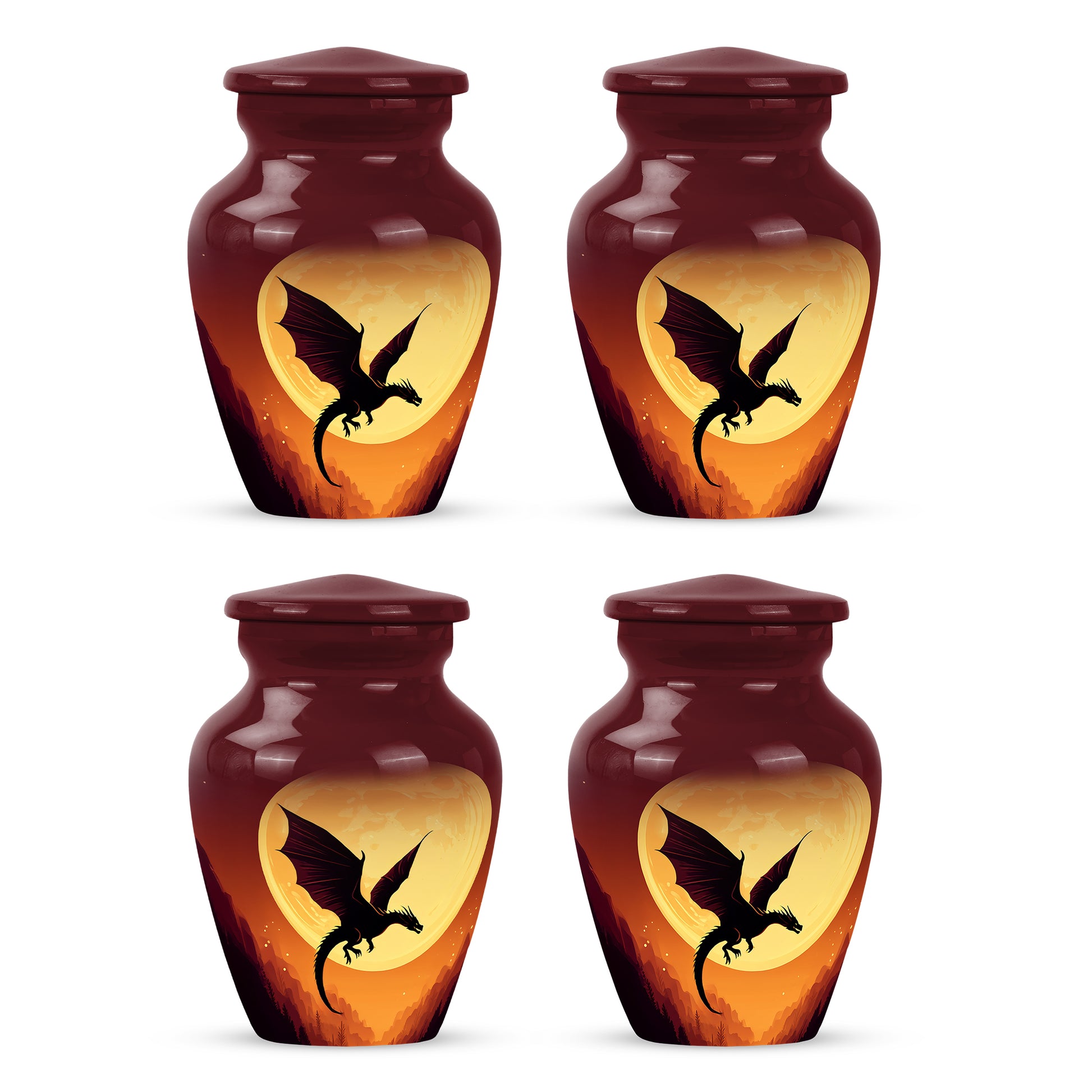 Rich Red Dragon Cremation Urn side profile showing urn shape - traditional dragon engraving with hand-polished finish - 10 inch aluminum urn for cremated remains