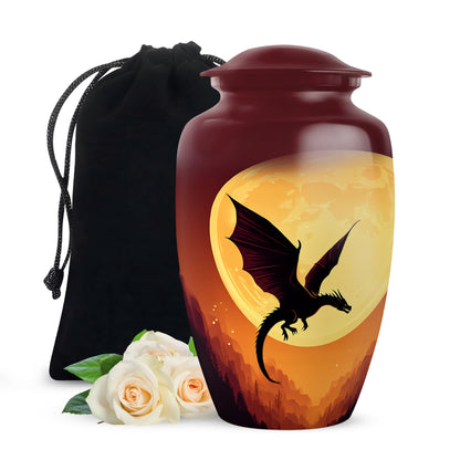 Crimson Red Dragon Cremation Urn angled view of lid and engraved motif - timeless dragon motif etched into premium metal - full-size 10 inch 200 cubic inch adult cremation urn