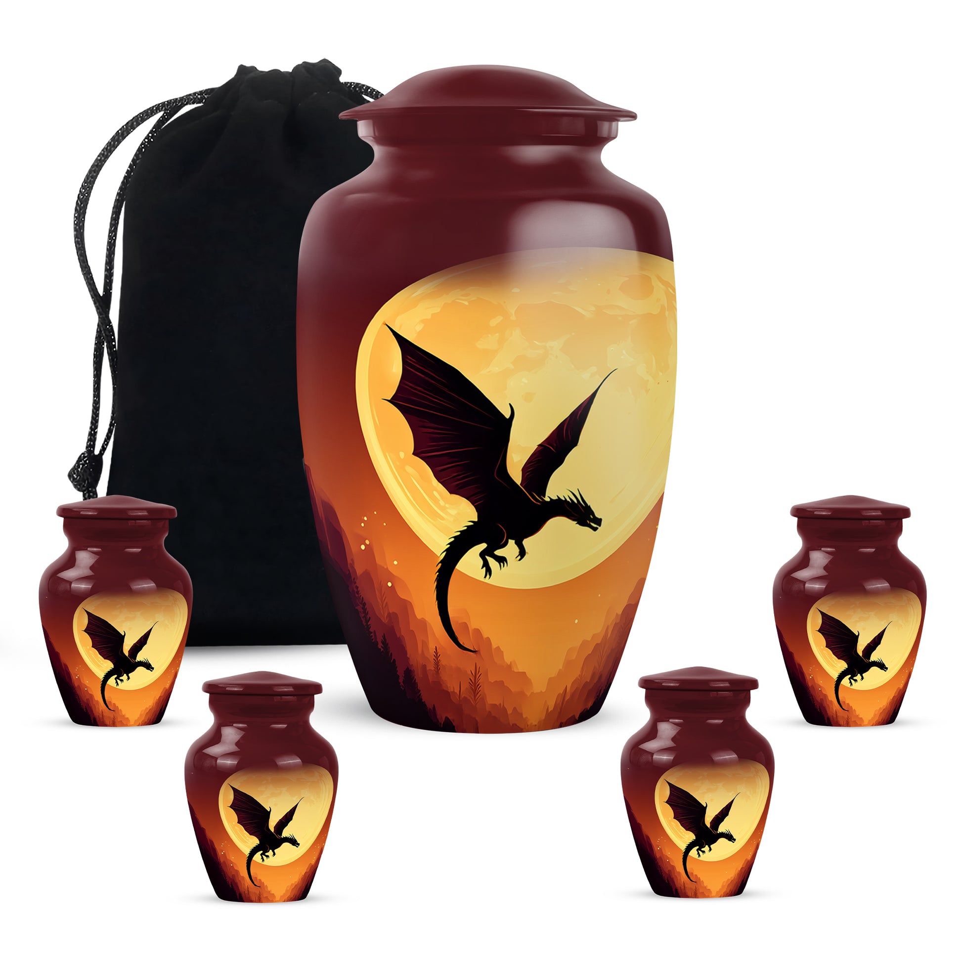 Garnet Red Dragon Cremation Urn top-down view of secure threaded lid - classic sculpted dragon pattern on smooth aluminum - memorial set with one large and four small urns