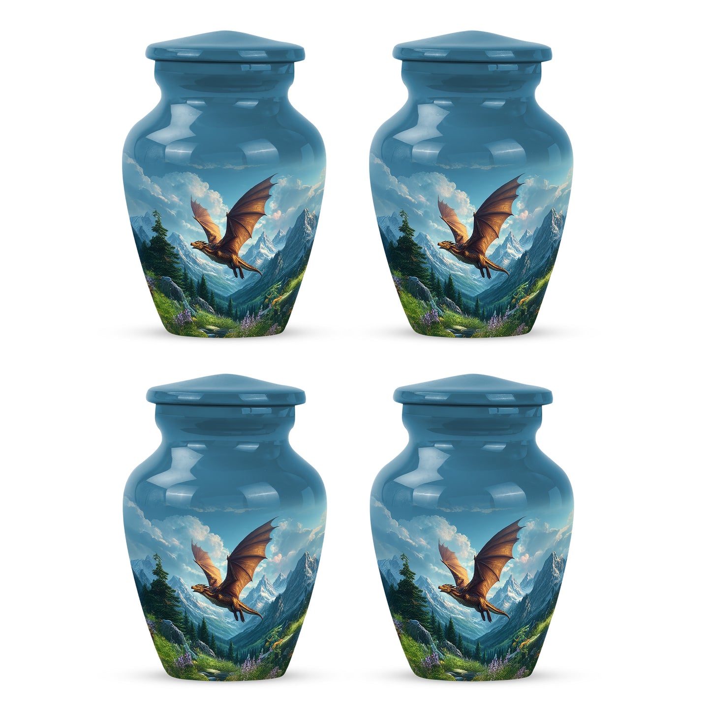 Indigo Dragon Cremation Urn side profile showing urn shape - timeless dragon motif etched into premium metal - 10 inch aluminum urn for cremated remains
