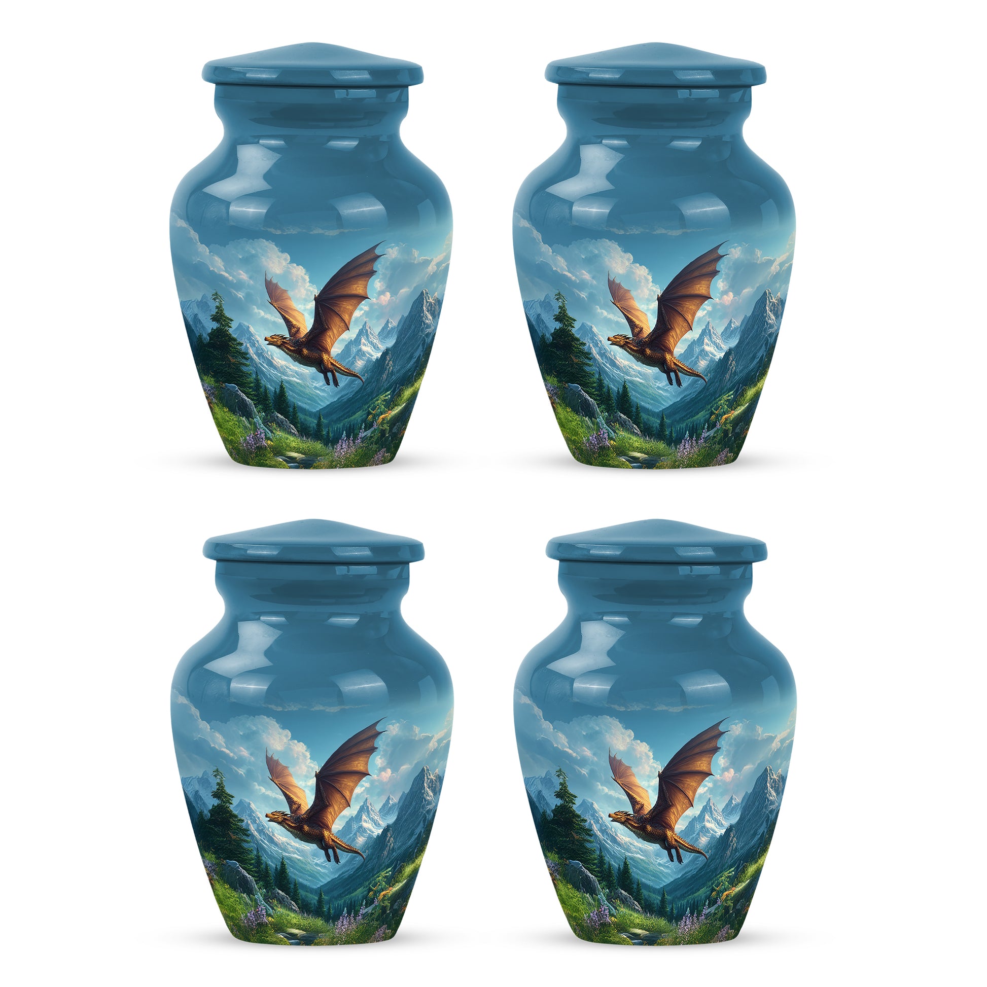 Indigo Dragon Cremation Urn side profile showing urn shape - timeless dragon motif etched into premium metal - 10 inch aluminum urn for cremated remains