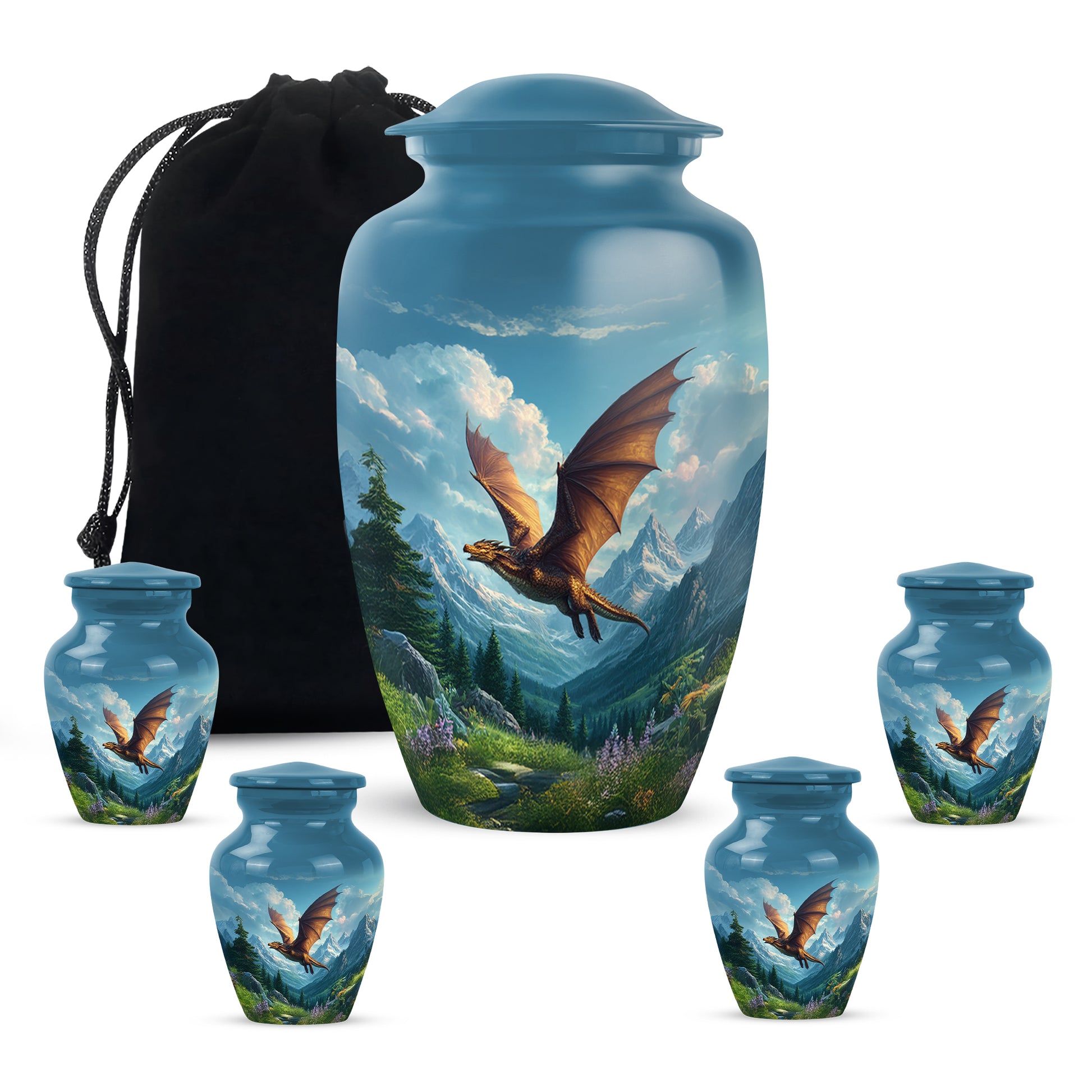 Sky Blue Dragon Cremation Urn top-down view of secure threaded lid - timeless dragon motif etched into premium metal - memorial set with one large and four small urns