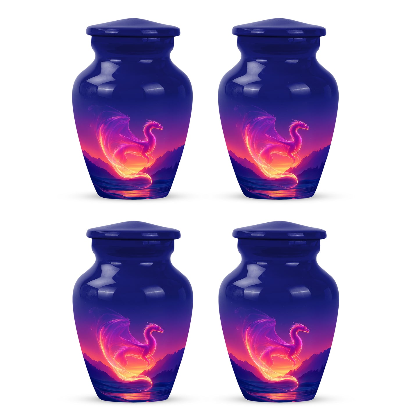 Vivid Blue Dragon Cremation Urn side profile showing urn shape - elegant classic dragon relief with fine detailing - 10 inch aluminum urn for cremated remains
