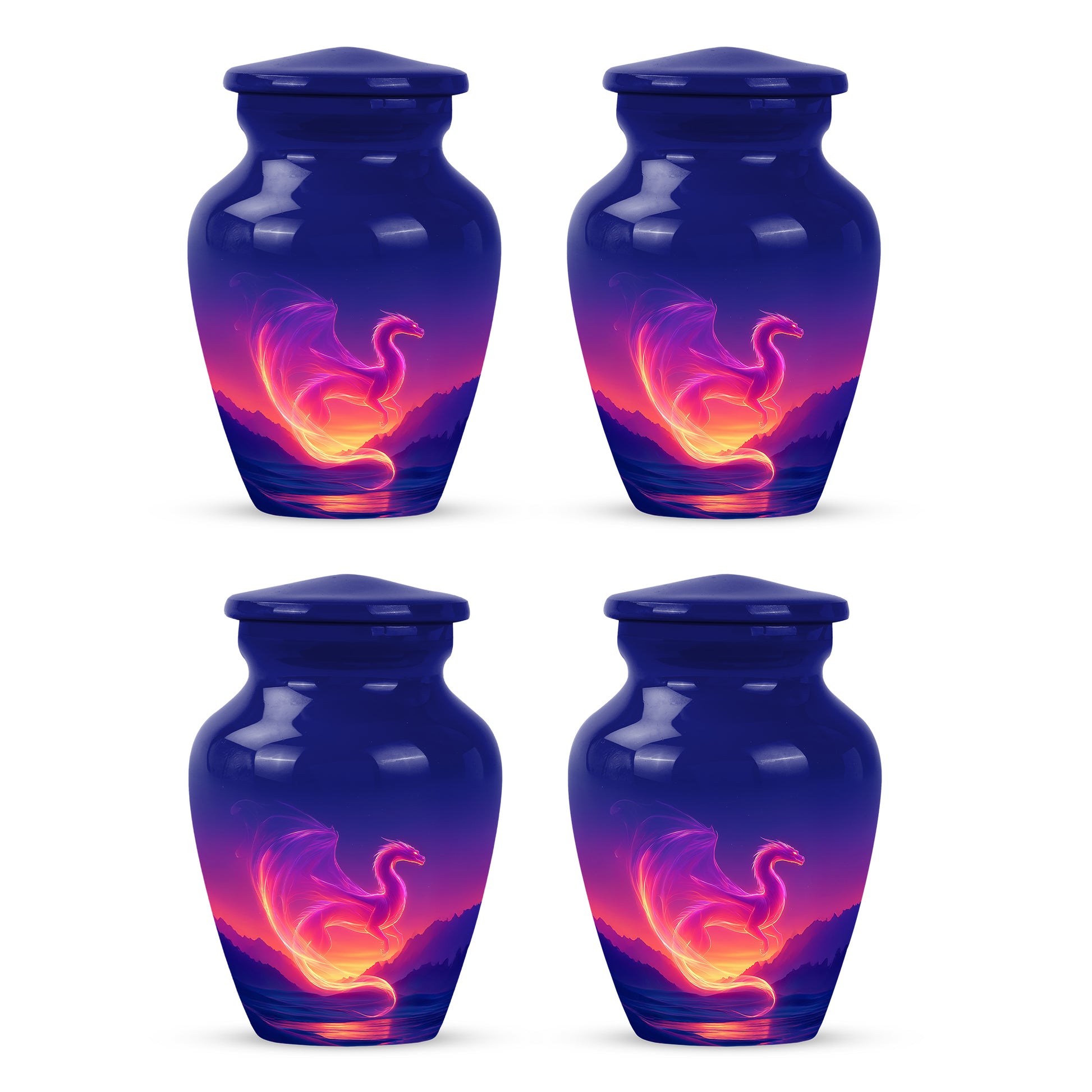 Vivid Blue Dragon Cremation Urn side profile showing urn shape - elegant classic dragon relief with fine detailing - 10 inch aluminum urn for cremated remains
